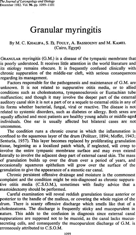 Granular Myringitis The Journal Of Laryngology And Otology Cambridge Core