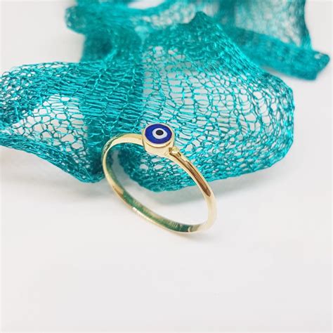 14k Real Solid Yellow Gold Evil Eye Ring For Women Turquoise Or Navy Blue