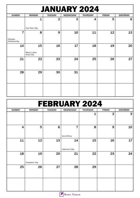 Printable January February 2024 Calendar Template Thakur Writes