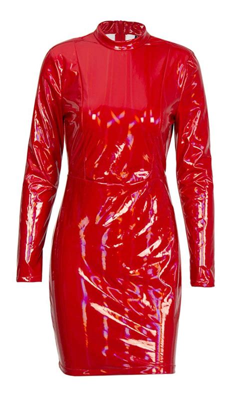 totally toxic red iridescent patent pu faux leather long sleeve mock bodycon mini dress sold