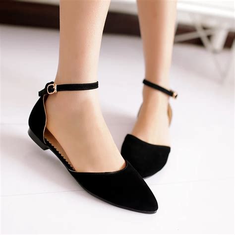 Women Pointed Toe Flock Ankle Strap Flat Shoes Fashion Ankle Buckle