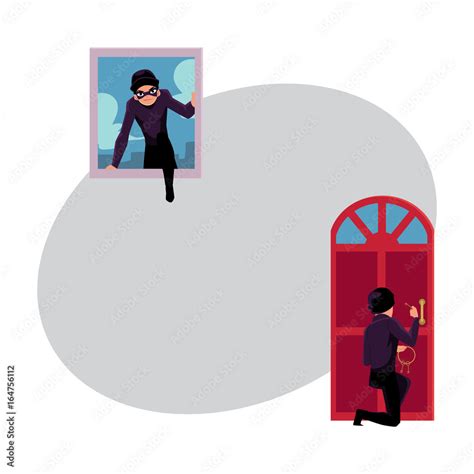 Thief Burglar Breaking In House Through Front Door And Window Cartoon