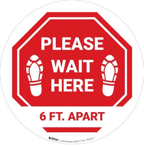 Please Wait Here 6 Ft Apart Shoe Prints Stop Circular Floor Sign