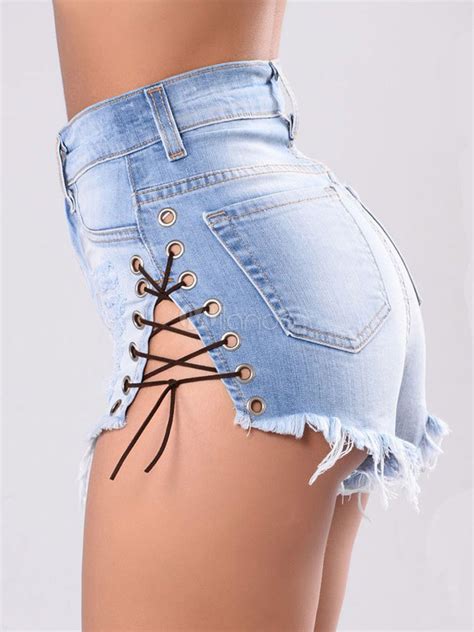 Denim Ripped Shorts Lace Up Sexy Booty Shorts For Women Milanoo Com