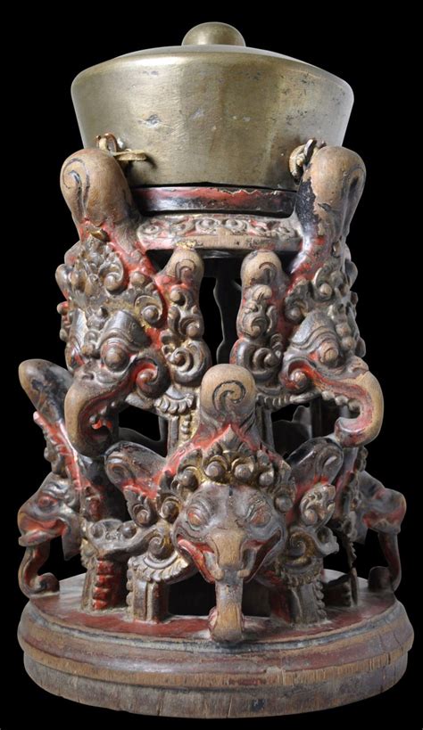 Polychrome Carved Wooden Karang Asti Stand And Gong Kempli Carving