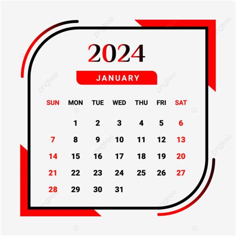 2024 January Month Calendar With Red And Black Vector Monthly Calendar