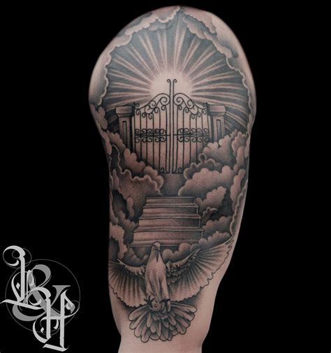 Black and Grey Dove and Stairway to Heaven Tattoo - Love n Hate