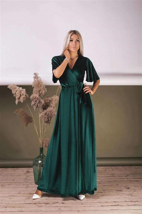 Emerald Green Velvet Wrap Maxi Dress Flutter Sleeve Long Bridesmaid