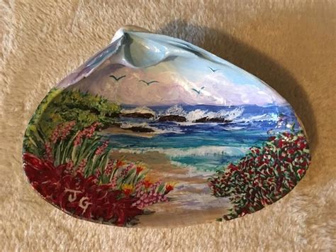 New England Ocean Scene Hand Painted On A Clam Shell Etsy Seashell