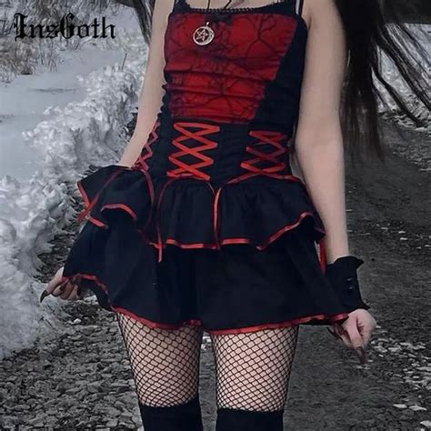 Insgoth Goth Punk Red Bandage Skirt Streetwear Sexy High Waist Mini
