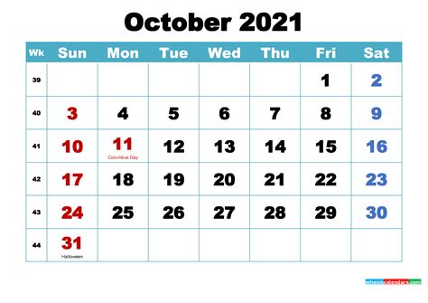 Printable October 2021 Calendar Word