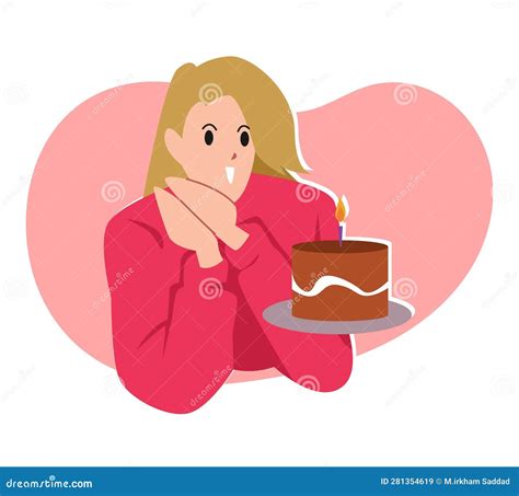 Female Cartoon Character Holding Birthday Cake And Blowing The Candle Flat Vector Illustration