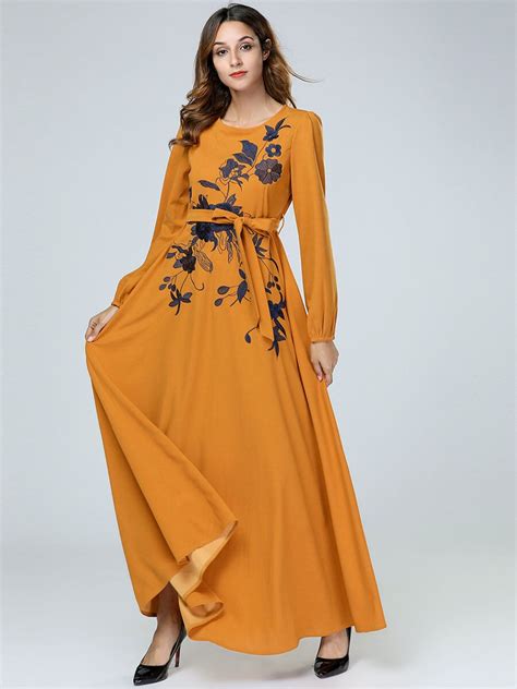 Embroidery Abaya Dress Maxi Dresses Autumn O Neck Belt Women Vintage