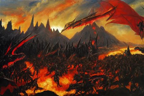 Oil Painting Mordor With Dragons Flying And Knights Stable Diffusion