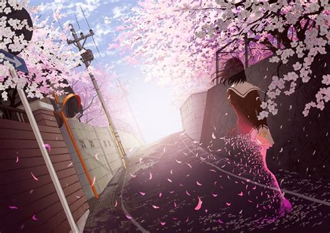 Wallpaper Anime Girls Purple School Uniform Cherry Blossom Pink