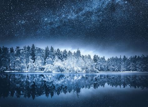 Nature Landscape Snow Milky Way Lake Starry Night Water Reflection
