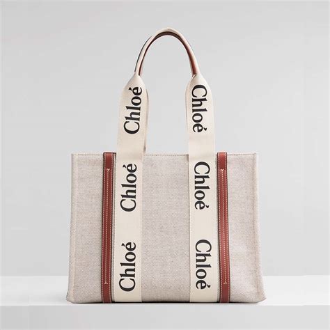 Chloe Women Small Woody Tote Bag In Cotton Canvas And Shiny Calfskin