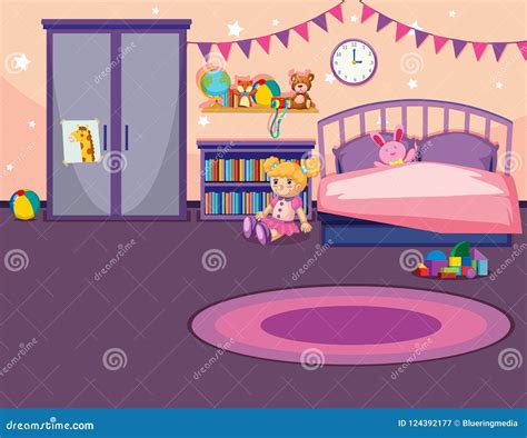 Girls Bedroom Interior Flat Style Cartoon Vector Illustration Baby