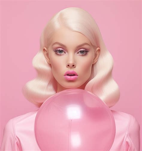 Premium Ai Image A Woman With Blonde Hair And Pink Lipstick Holding A