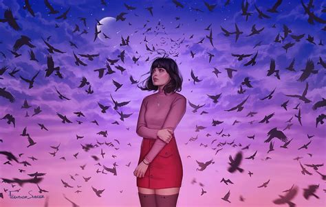 Wallpaper Sky Birds Fernanda Suarez Girl Art Images For Desktop