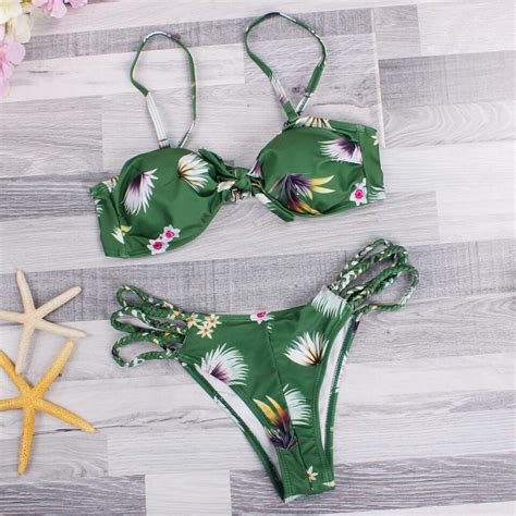 Kailindi Green Floral Print Micro Bikinis Set Women Swimsuit Padded Low