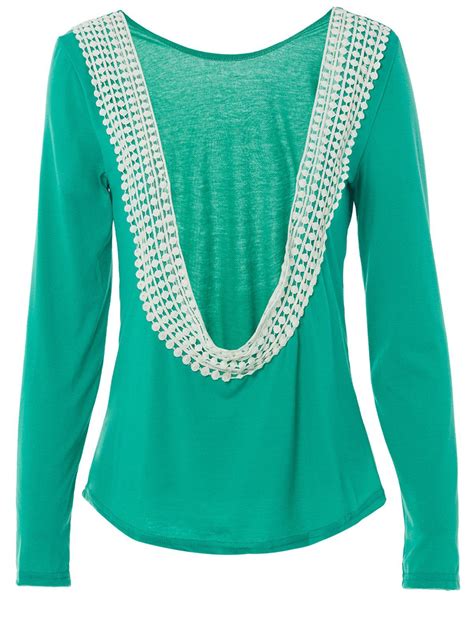55 Off Stylish Scoop Neck Lacework Spliced Backless Long Sleeve T