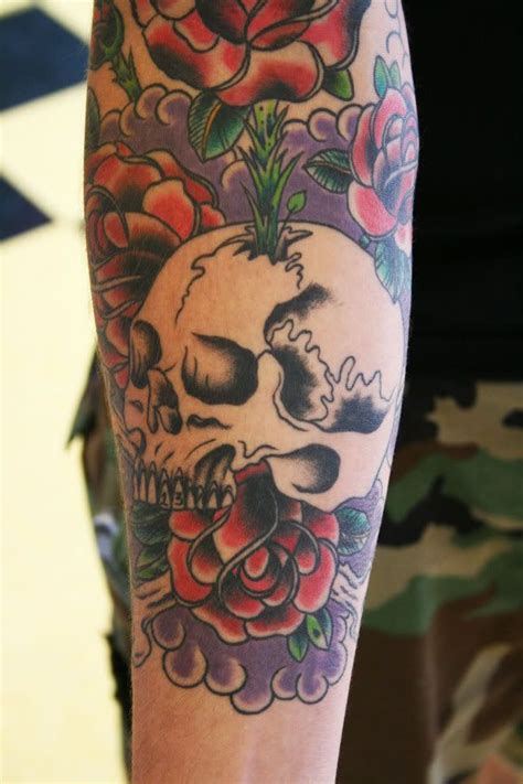 Traditional American Style Skull And Roses Tattoo By Nick
