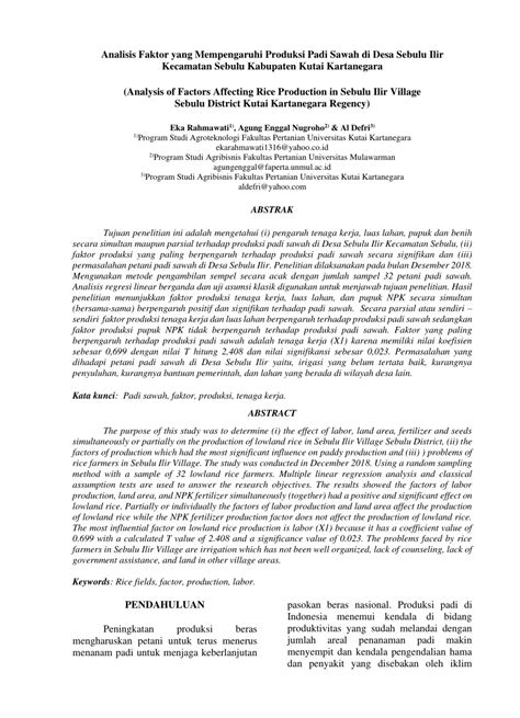 PDF Analisis Faktor Yang Mempengaruhi Produksi Padi Sawah Di Desa