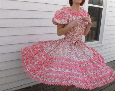 Vintage Square Dancing Dress Pink Floral Print Dance Etsy