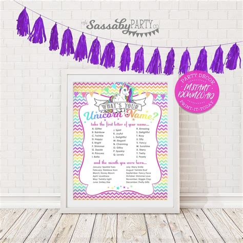 Unicorn Name Poster Instant Download Party Sign Rainbow Etsy