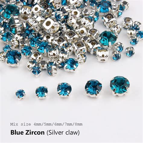 sew on rhinestones with silver base 4mm 8mm mix size 120pcs blue zircon color flatback