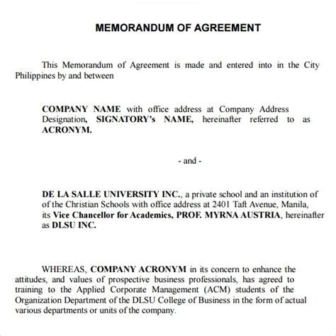 sample memorandum  agreement templates