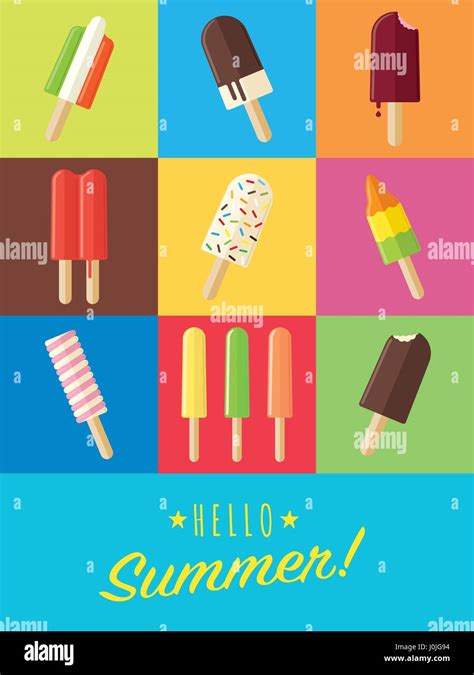 Vibrant Hello Summer Poster With Flat Design Popsicles And Ice Lollies