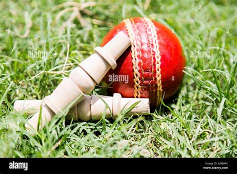 Play Ground Grass Cricket Bails And Ball Nobody Stock Photo Alamy