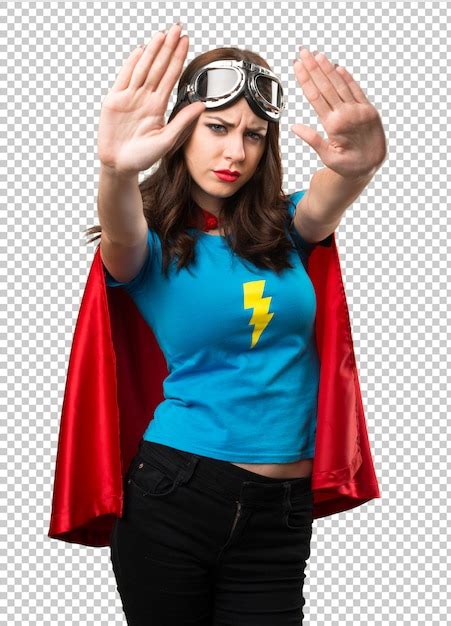 Premium Psd Pretty Superhero Girl Making Stop Sign