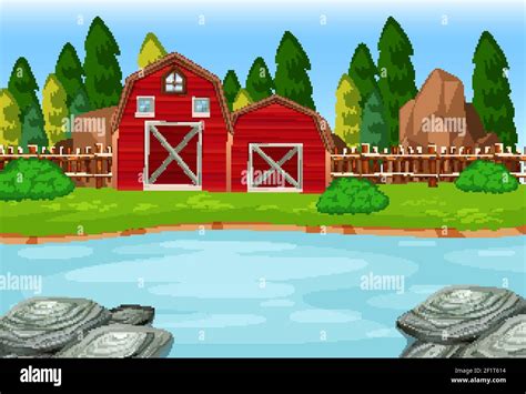 Two Red Barns In The Nature Scene Illustration Stock Vector Image And Art