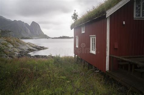 Red Fishermen Cabins In The Fishing Village Of Reine In Lofoten Islands