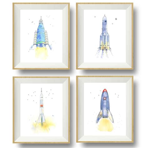 Space Ship Artwork Set Of 4 Prints For Toddler Boy Room Rocket Ship