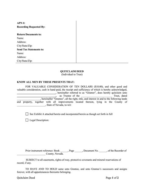 Nevada Quitclaim Deed Individual To Trust Form Fill Out And Sign