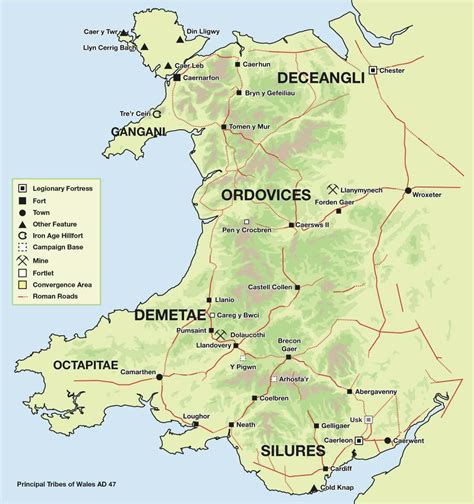 Showing all towns and cities also counties + populations, welsh universities, rugby clubs, football clubs, castles, railway stations, marinas, political. Map of Wales AD 47