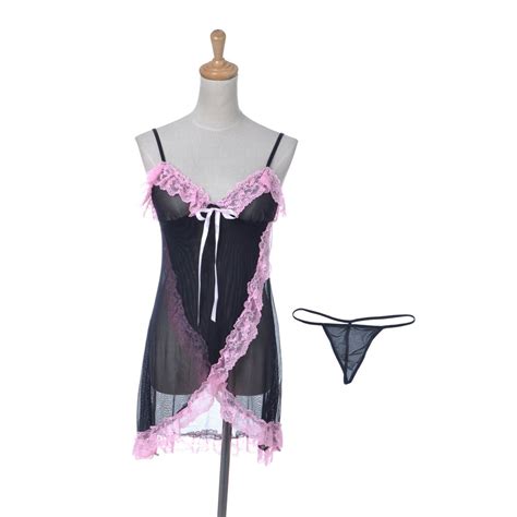 Feinuhan Womens 2 Piece Sexy Black Pink Lace Nightwear Sleepwear Lingerie Set