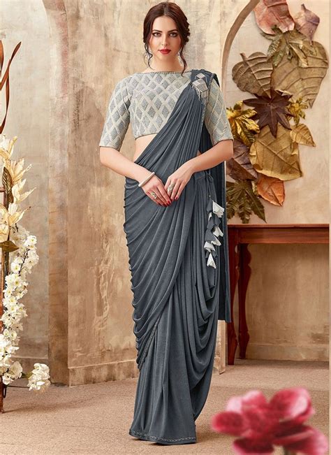 Grey Embroidered Fancy Fabric Wedding Saree Saree Designs Party Wear Stylish Sarees Designer