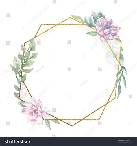 Watercolor Greenery Succulents Geometric Gold Frame Stock Illustration