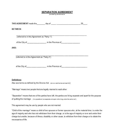 official separation agreement templates letters