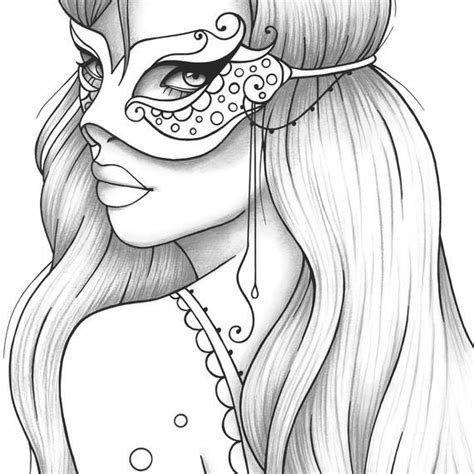 Сoloring on points for adults. Adult coloring page girl portrait and mask colouring sheet ...