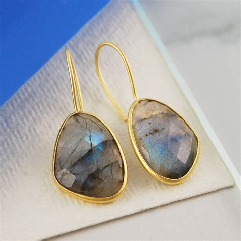 Faceted Labradorite Gemstone Gold Drop Earrings By Embers Gemstone