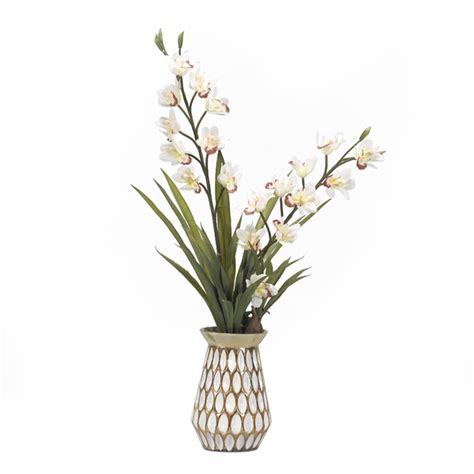 Cream Cymbidium Orchids In White Gold Glass Vase 181032 Dandw Silks