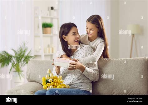 Caring Daughter Greeting Mom Make Surprise Stock Photo Alamy