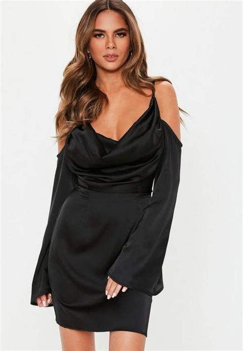 Missguided Black Satin Cold Shoulder Cowl Mini Dress With Images