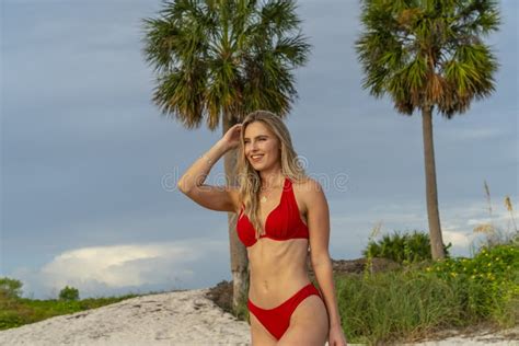 Lovely Blonde Bikini Model Posing Outdoors On A Caribbean Beach Stock Image Image Of Island